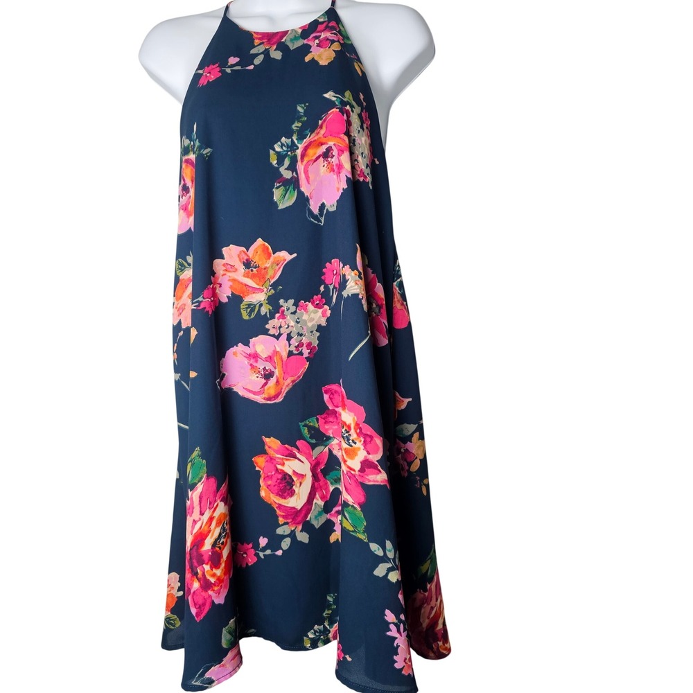 Everly‎ Navy Floral Halter Neck Dress Womens S Vacation Resort Flowy Romantic